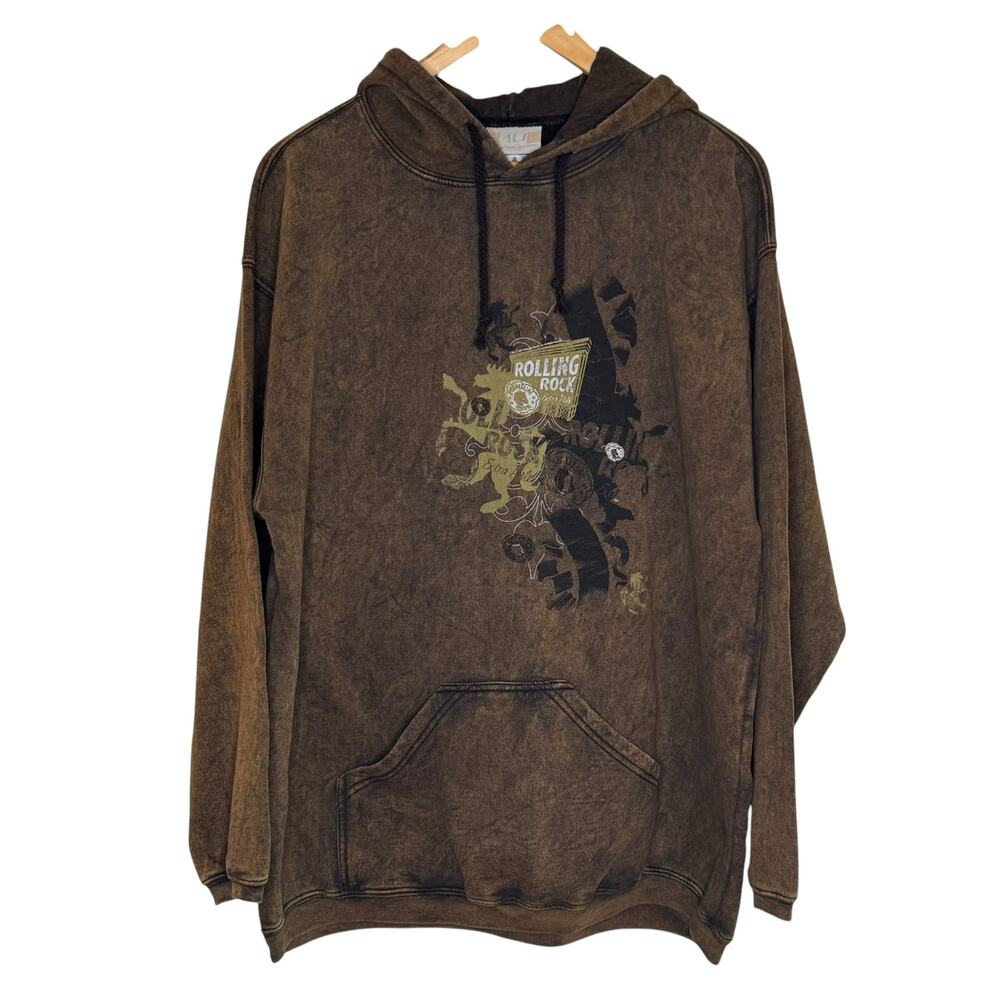 Rolling Rock Beer Brown Acid Wash Size Large Pullover Hoodie Sweatshirt